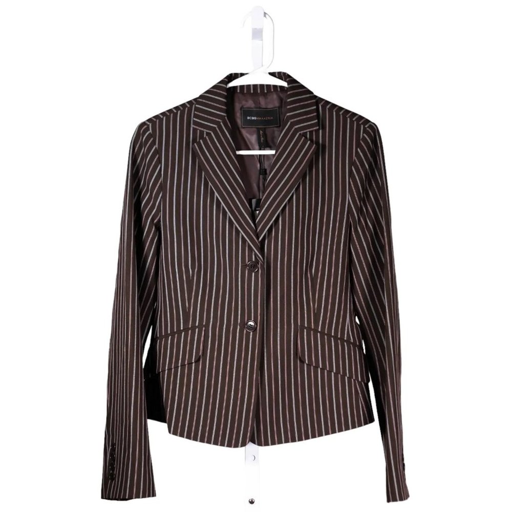 BCBG Max Azria Women's Blazer Brown Striped Two Button Lined Work Suit Jacket S